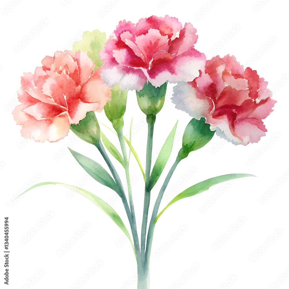 A delicate blend of pink carnations and roses forms a softly hued bouquet watercolor artwork illustration A delicate blend of pink carnations and roses forms a softly hued bouquet watercolor artwork illustration