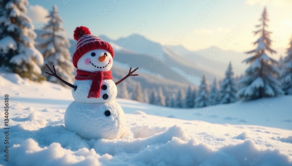 Obraz premium Wholesome snowman standing alone in a snowy landscape with rolling hills and pine trees , snowflake, white snow