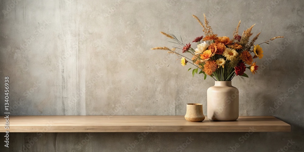 Fototapeta premium Minimalist Beige Fall Product Background: Concrete Wall, Shelf, Autumn Flowers, Podium
