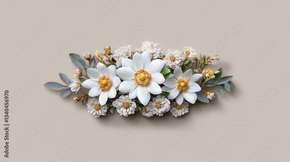 A white flower arrangement with a green leaf in the middle A white flower arrangement with a green leaf in the middle