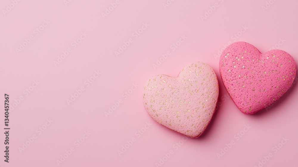 Obraz premium Two heart-shaped items in soft pastel colors lie on a pink background, evoking feelings of love and tenderness.