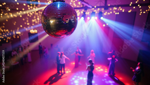 Teenagers dancing under sparkling disco ball at prom night, celebration