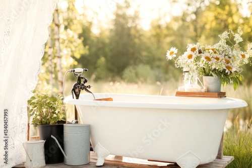 A vintage-style clawfoot bathtub in an outdoor setting, surrounded by faded pastel garden decor, with retro elements like lace curtains and antique watering cans