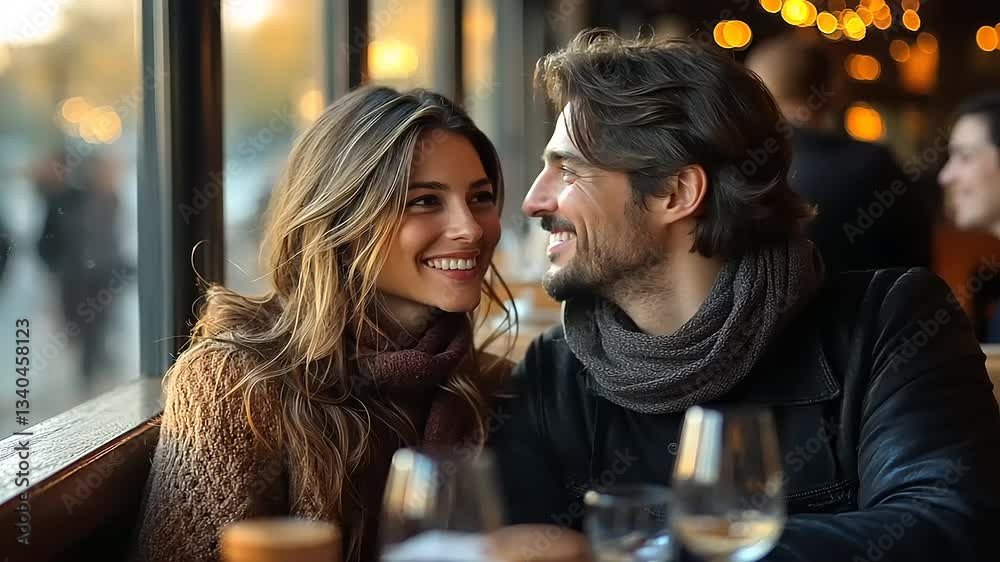 Romantic couple enjoying drinks in cozy caf? setting