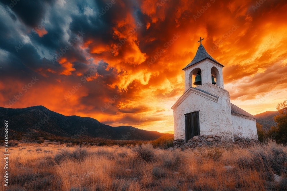 Fototapeta premium A weathered bell tower of an ancient church, with the bell visible and the sky filled with dramatic clouds