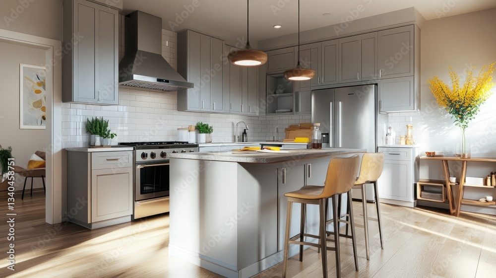 Fototapeta premium Modern, bright kitchen with island and pendant lighting