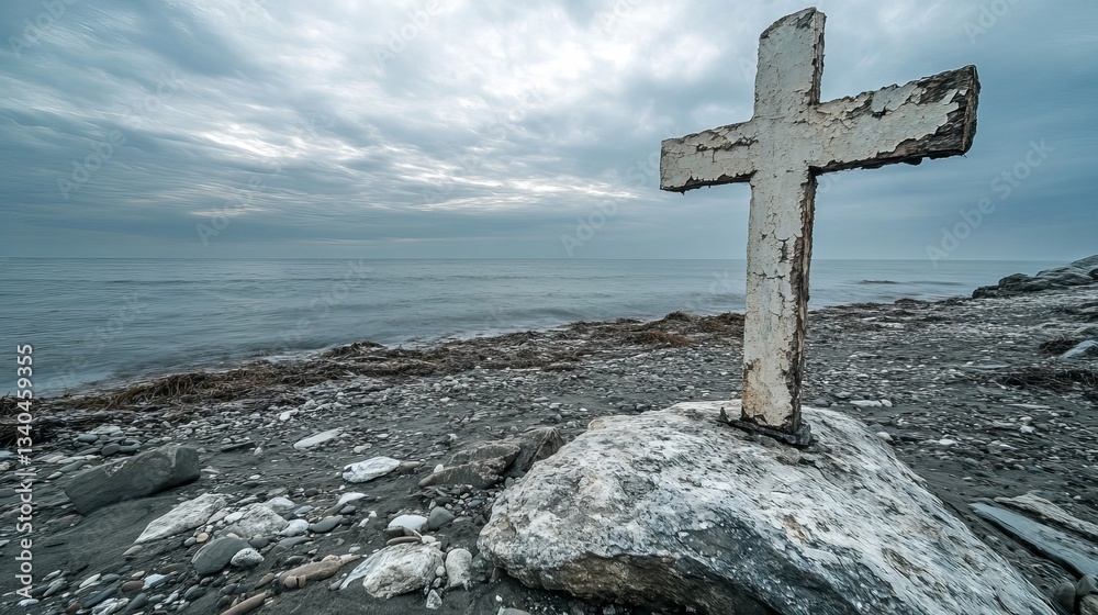 A Simple Weathered Cross Stands on a Rocky Surface, Symbolizing Faith, Strength, and Endurance Through Time A Simple Weathered Cross Stands on a Rocky Surface, Symbolizing Faith, Strength, and Endurance Through Time