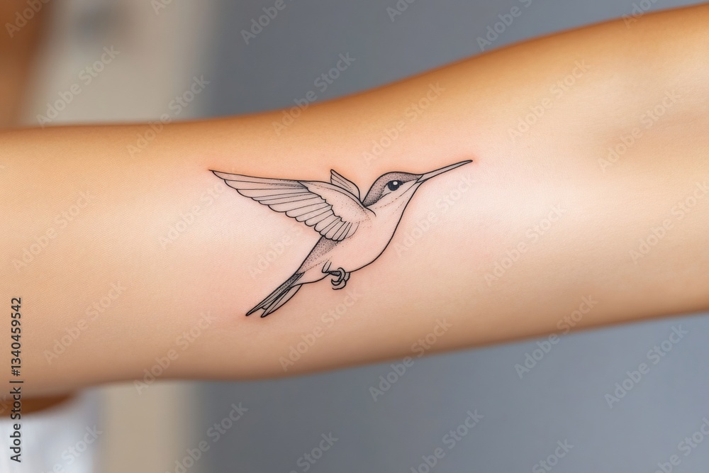Naklejka premium Delicate hummingbird tattoo is decorating woman's arm