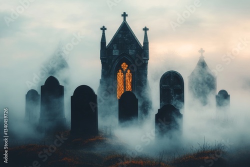 An ancient churchyard with crooked gravestones, surrounded by fog and eerie moonlight
