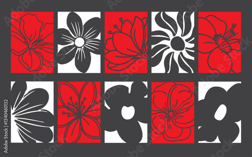 collection of flower silhouette vector assets, set of red and white floral vector illustration