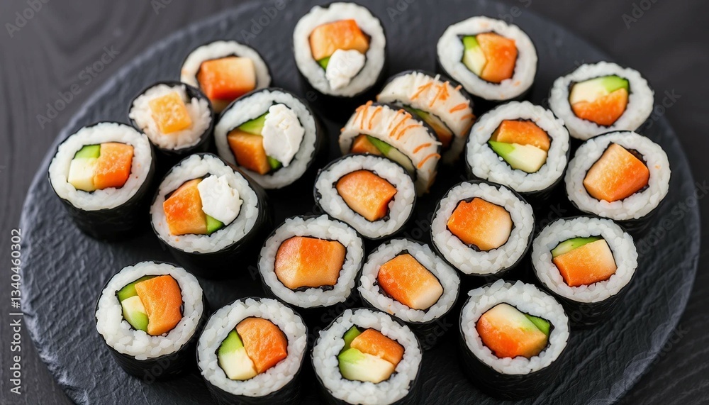 Assorted Sushi Rolls on a Black Plate
Assorted Sushi Rolls on a Black Plate