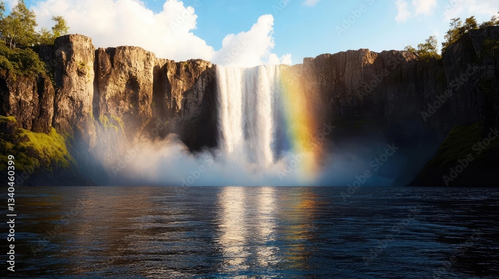 Fototapeta premium Rainbow waterfall landscapes pristine concept. A stunning waterfall with a rainbow creating a beautiful natural landscape.