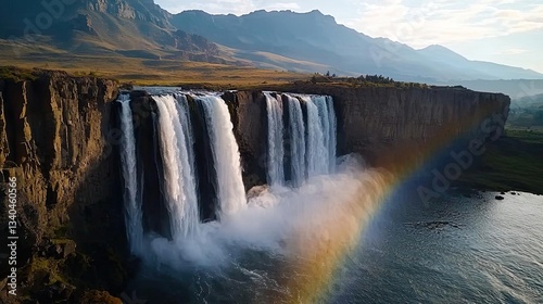 Rainbow waterfall landscapes pristine concept. Breathtaking view of a majestic waterfall cascading into a serene river.