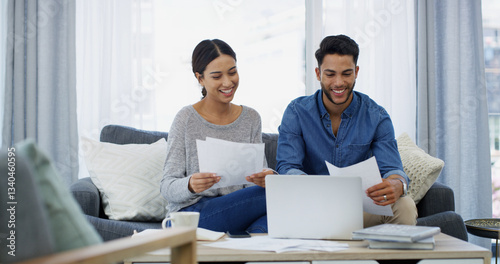 Tableau sur toile Smile, planning or couple with paperwork, laptop or salary budget for household bills or mortgage