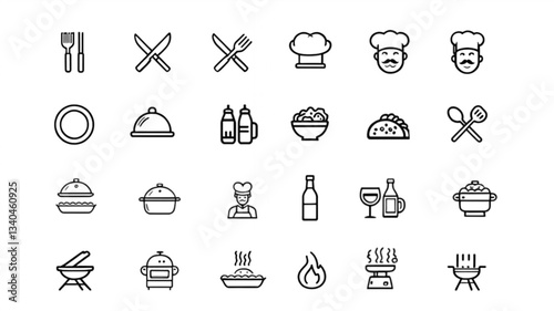 Food and Drink Line Icons Set – Vector Outline Illustrations of Burger, Chef Hat, Utensils, and Beverages