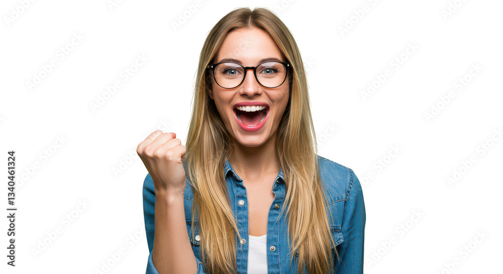 Portrait of a woman with blonde hair wearing glasses and a denim shirt expressing excitement