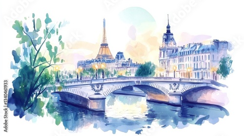illustration of a beautiful postage stamp from Paris. pastel drawing. soft watercolor. penne greenwood style
