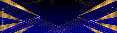 Elegant blue background with abstract golden lines. Vector realistic illustration of award ceremony banner, invitation card, gift certificate, business presentation template, art deco style poster
