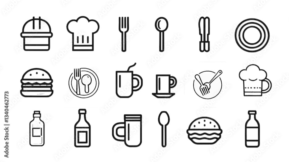 Food and Drink Line Icons Set – Vector Outline Illustrations of Burger, Chef Hat, Utensils, and Beverages Food and Drink Line Icons Set – Vector Outline Illustrations of Burger, Chef Hat, Utensils, and Beverages