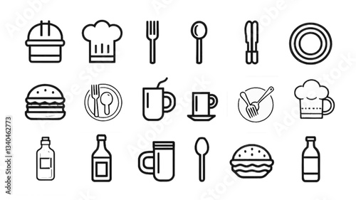 Food and Drink Line Icons Set – Vector Outline Illustrations of Burger, Chef Hat, Utensils, and Beverages