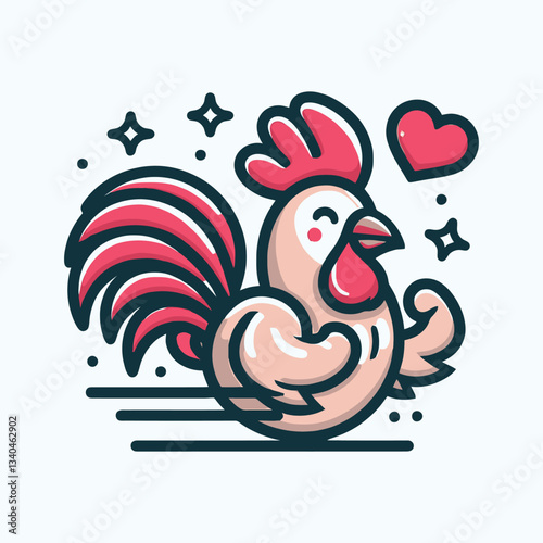 omantic Rooster Cute Farm Animal with Love Theme Cartoon Illustration Mascot Logo Vector