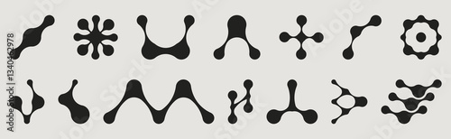 Metaball shapes set isolated on background. Vector illustration of black dots connected into abstract icons, organic fluid blobs connection, molecule structure, scientific network, chemical grids