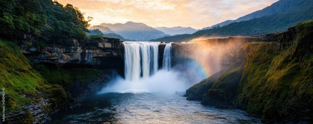 Fototapeta premium Rainbow waterfall landscapes pristine concept. A stunning waterfall cascading into a serene river under a colorful sunset sky.