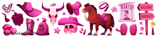 Pink cowgirl accessories set isolated on white background. Vector cartoon illustration of girly style wild west symbols, cowboy hat, boots, horse, skull, wanted poster, cactus, money bag and gemstones