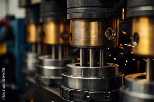 Hydraulic pistons push with force, shaping metal in one smooth motion. The workshop glows with sparks