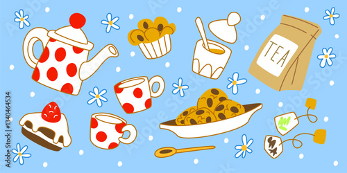 Cartoon tea time elements - polka dot teapot and mugs, cake slices and cookies, honey in bowl and muffin, bag with leaves and spoon. Quirky hand drawn illustrations on blue background with daisies.