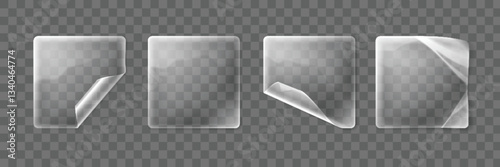 Transparent plastic sticker set - square wrinkled adhesive labels with peeled, lifted and folded corner effects. Blank glossy clear decals or price tags. Realistic 3d vector product design mockup.