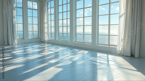 Bright, airy room with large windows showcasing stunning ocean view, creating serene and peaceful atmosphere