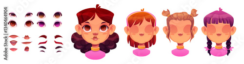 Girl face constructor set - cartoon female kid avatar elements for character creation. Eyes and brows, mouth and hair in cute style. Vector illustration kit for children head animation design.