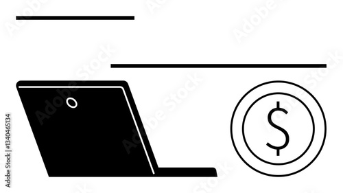 Laptop positioned near currency circle suggesting online transactions, digital payments or financial management. Ideal for business, money solutions, e-commerce, finance, technology, digital