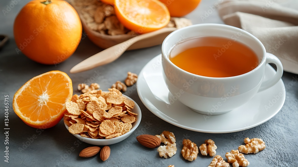Breakfast consisting of tea corn flakes honey nuts and tangerines is on the table Breakfast consisting of tea corn flakes honey nuts and tangerines is on the table