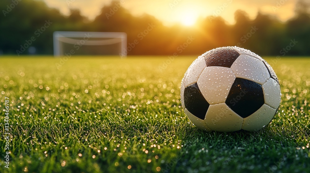 Fototapeta premium Soccer ball resting on wet grass at sunset in a soccer field