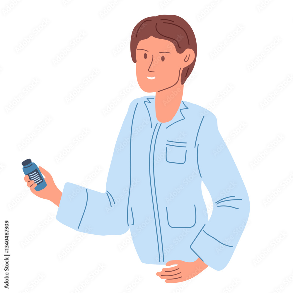 Pharmacist or Doctor. Young doctor holding pills or vitamins jar. Doctor wearing special blue medical clothes. Health care and pharmacy. Flat cartoon vector illustration. Funny young man character Pharmacist or Doctor. Young doctor holding pills or vitamins jar. Doctor wearing special blue medical clothes. Health care and pharmacy. Flat cartoon vector illustration. Funny young man character
