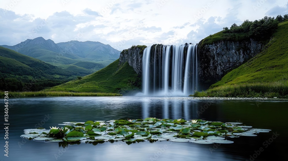 Fototapeta premium Water lily pond landscapes harmony concept. A serene waterfall cascading into a tranquil lake surrounded by lush greenery.