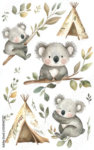 Koala Bears and Teepees Watercolor Illustration