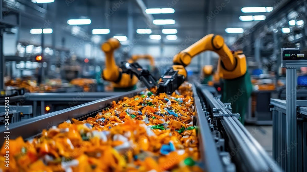 Naklejka premium Robotic Arms Sorting Colorful Plastic Waste in Modern Recycling Facility with Bright Industrial Lighting and Efficient Machinery