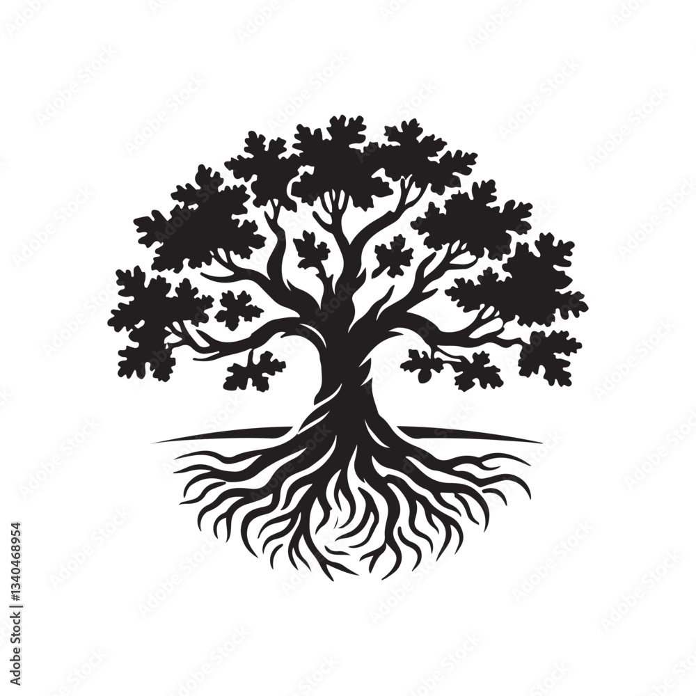 Obraz premium oak tree vector silhouette line art logo illustration