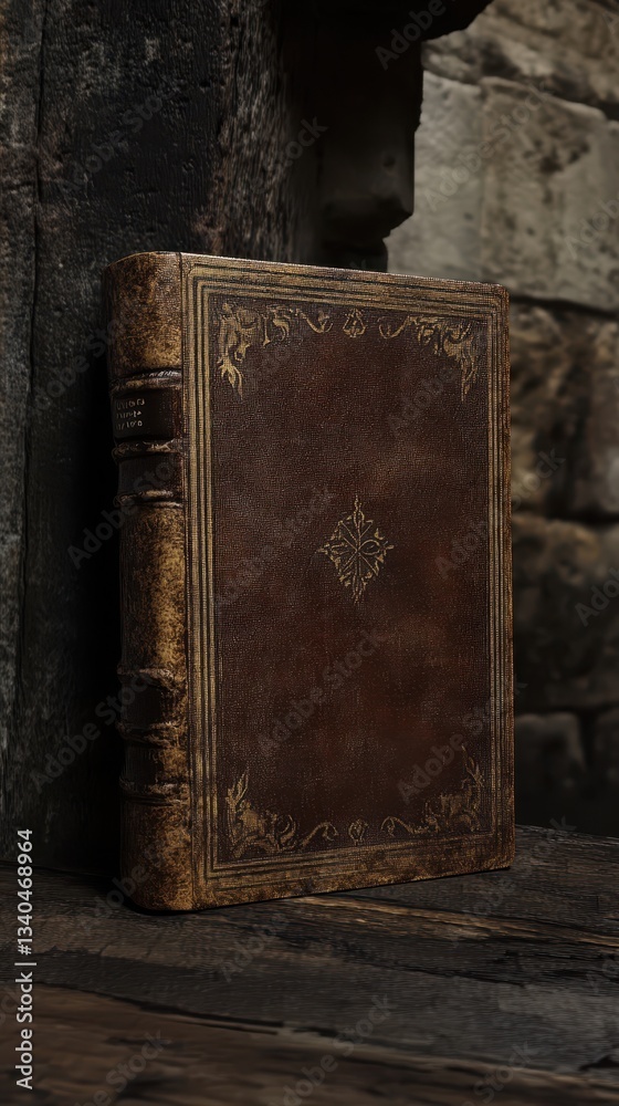 Fototapeta premium Ancient leather-bound book on wooden table.