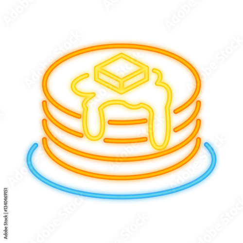 A glowing neon illustration of a stack of pancakes topped with melting butter and dripping syrup, representing breakfast, brunch, and sweet treats