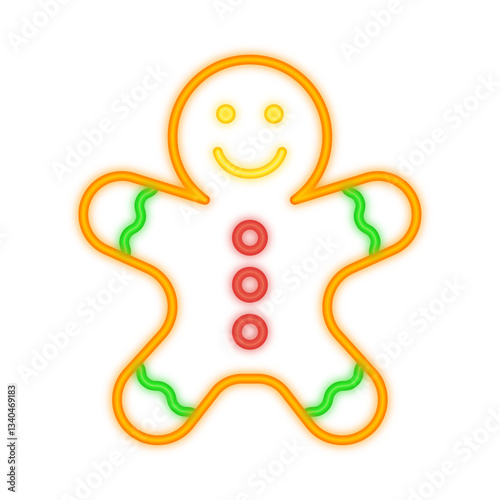 A glowing neon illustration of a gingerbread man cookie with a smiling face, colorful buttons, and icing details, symbolizing holiday treats