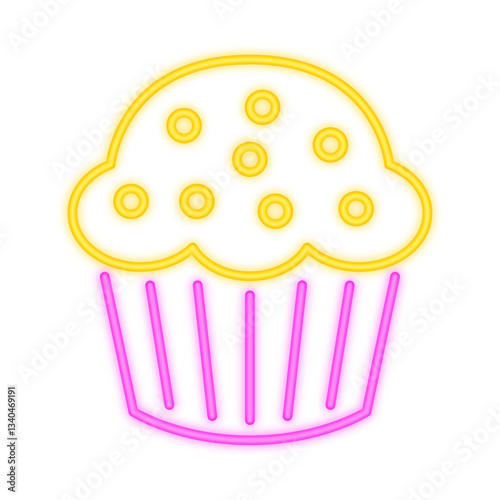 A glowing neon illustration of a muffin or cupcake with a pink wrapper and golden topping, symbolizing sweet desserts and bakery treats