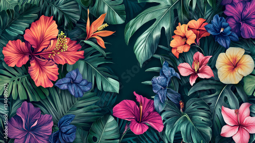 Seamless floral pattern featuring vibrant blossoms design, Vibrant flowering plants showcase seasonal flowers and lush green leaves, floral patters and leaves background for invitation card and decor.