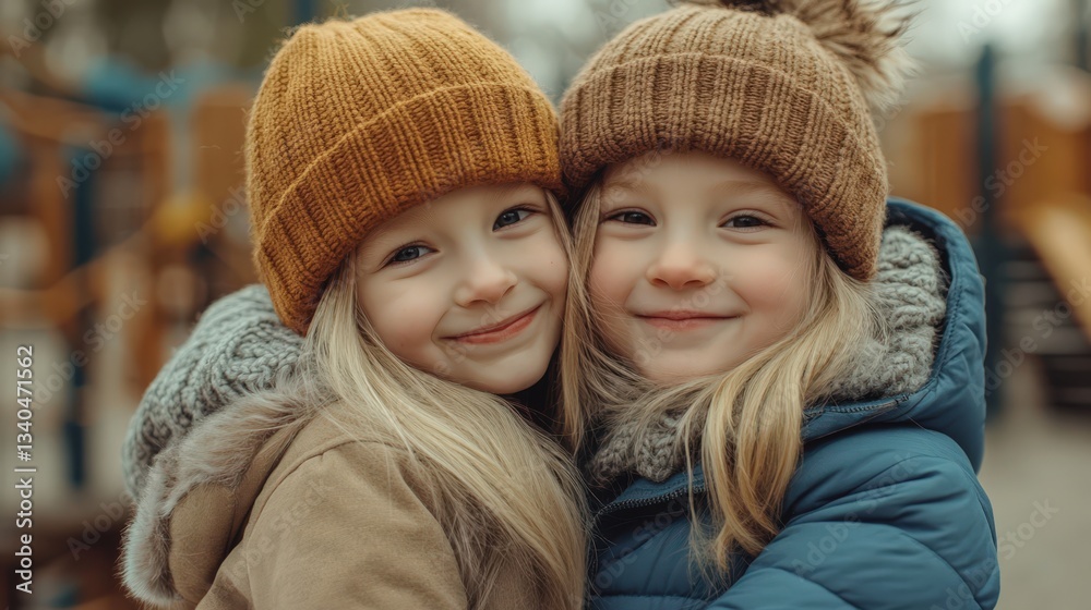 Obraz premium Adorable Blonde and Brunette Girls Embracing in Winter Hats Outdoor Playground Fun