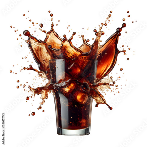 Cola splashing out of a glass. Isolated white background