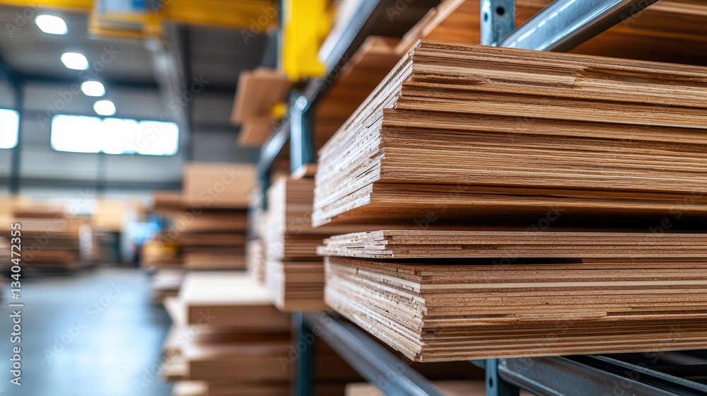 Obraz premium Stacks of Plywood Sheets Organized on Metal Shelving in a Modern Warehouse with Soft Natural Lighting and Industrial Setting