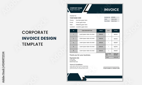 Minimal corporate business invoice design template vector illustration, Bill form price invoice, Creative invoice or cash memo template design.